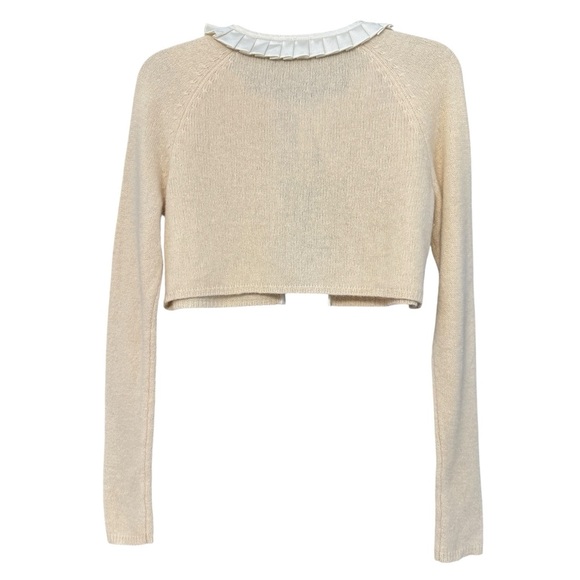 Cropped Wool Cardigan Cream Ruffle Collar Tie Front Cottagecore Coquette - Picture 2 of 3